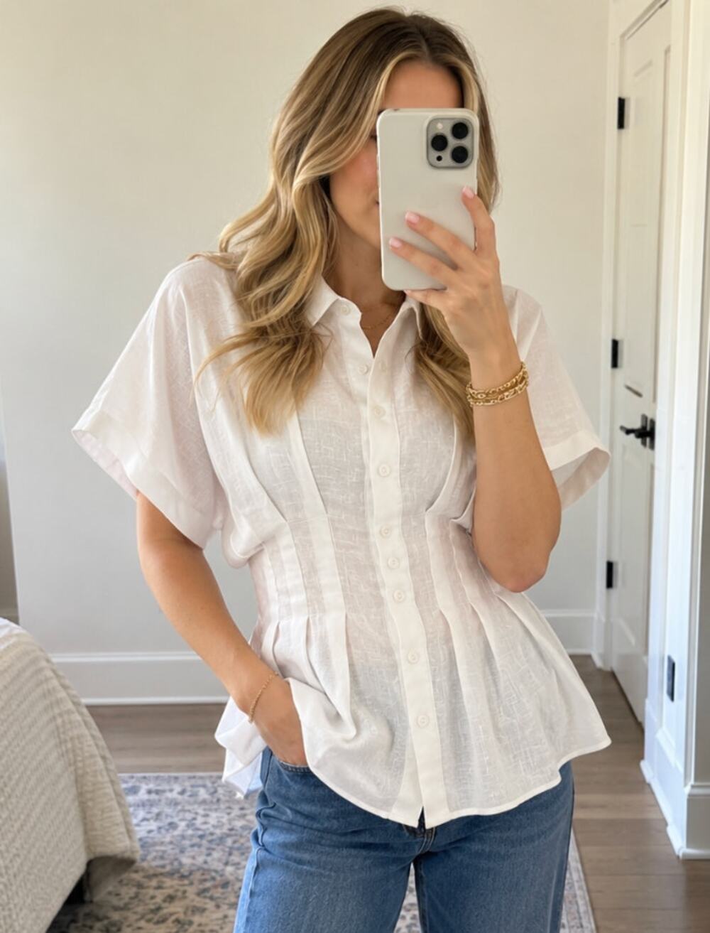 EXQUISE Tobie Short Sleeve Linen Shirt in White Size Small Petite